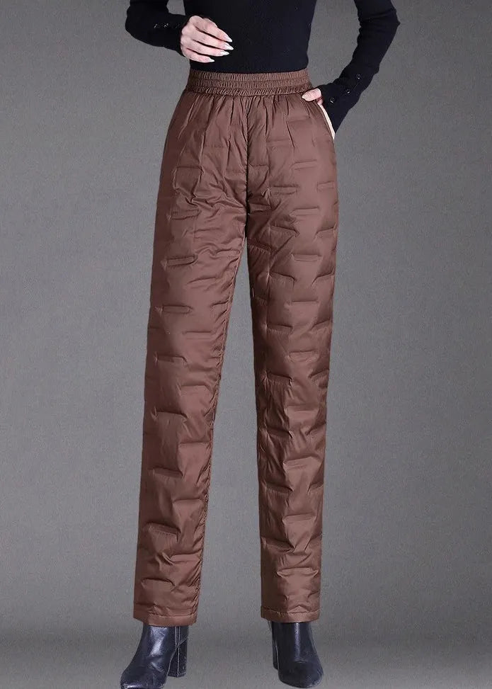 Brown Pockets Elastic Waist Duck Down Filled Pants Winter