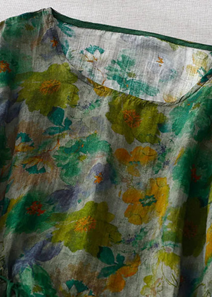 Natural Green O-neck Print Wrinkled Linen Tops Long Sleeve