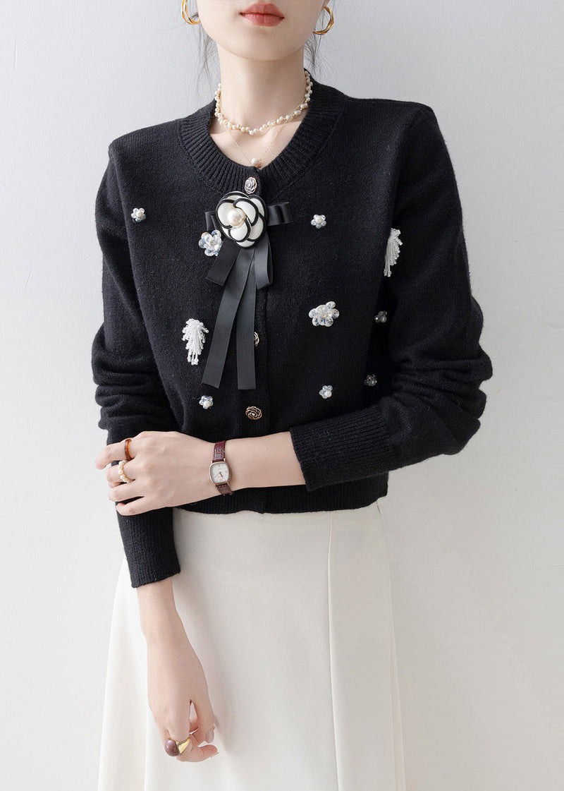 Italian Black O-neck Knit Cardigans Winter