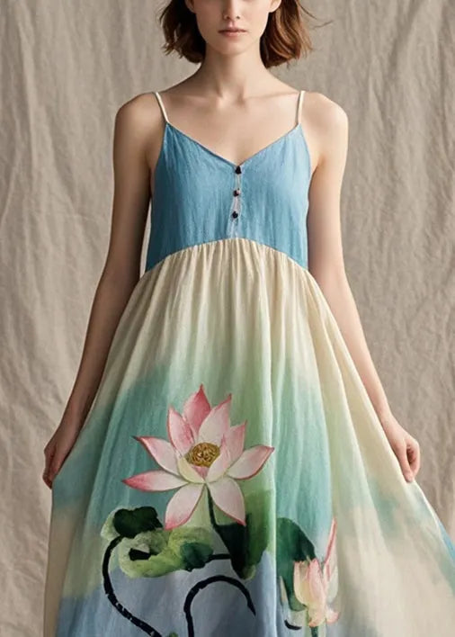 Tie Dye Lotus Print Cotton Spaghetti Strap Dress Summer
