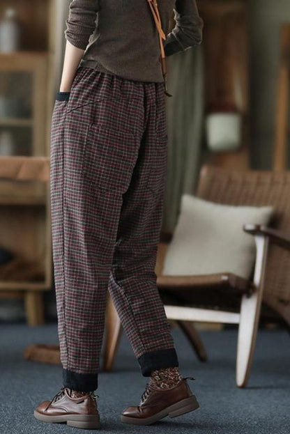 Cotton Linen Plaid Elastic Waist Pants