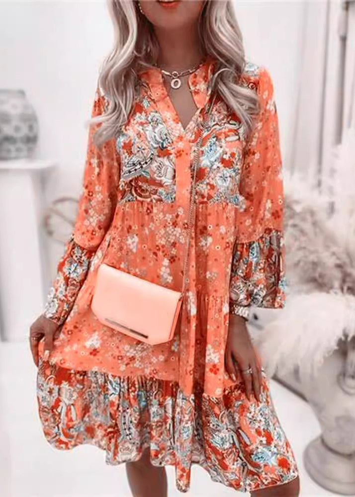 Orange V Neck Print Wrinkled Cotton Mid Dress Fall