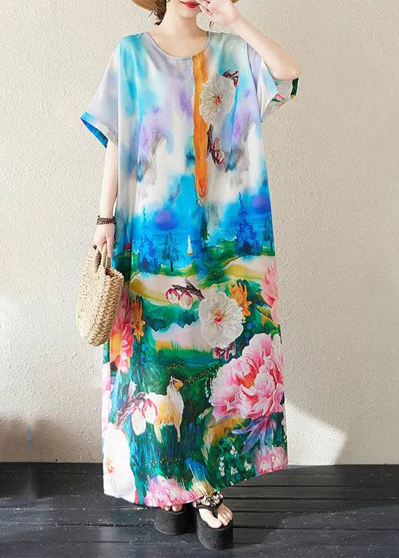 Blue Oversized Tie Dye Cotton Maxi Dresses Summer