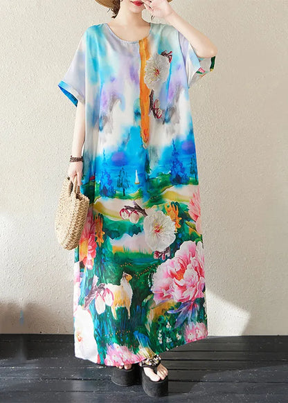 Blue Oversized Tie Dye Cotton Maxi Dresses Summer