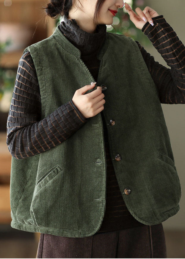Green Stand Collar Fine Cotton Filled Corduroy Vest Winter