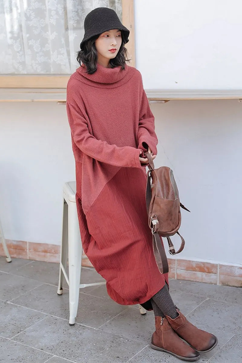 Wool Patchwork Turtleneck Sweater Dress