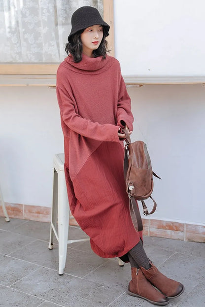 Wool Patchwork Turtleneck Sweater Dress