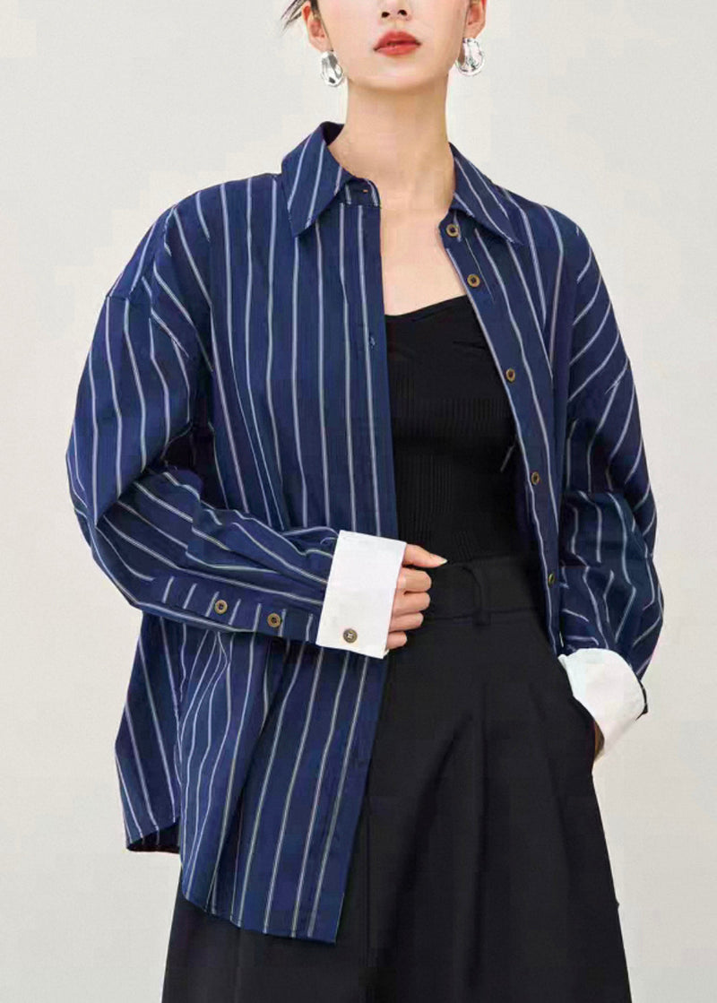 Navy Striped Button Cotton Shirt Fall