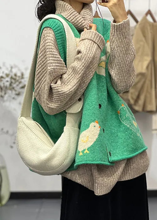 Cozy Green O Neck Button Animal Cotton Knit Waistcoat Sleeveless