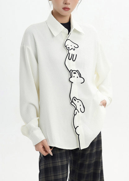 White Little Dog Embroidered Cotton Shirt Spring