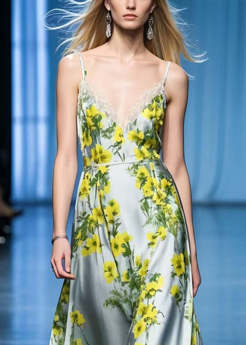 Yellow Patchwork Lace Spaghetti Strap Sundress Summer