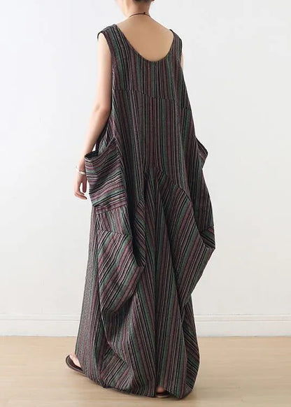 Handmade V Neck Cotton Clothes Linen Striped Maxi Dresses Summer