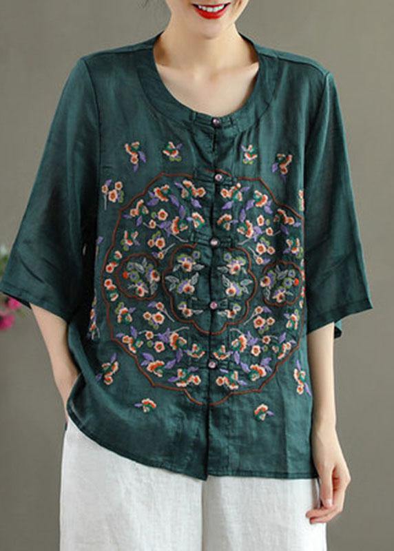 Orange Embroidered Oriental Ramie Top Summer