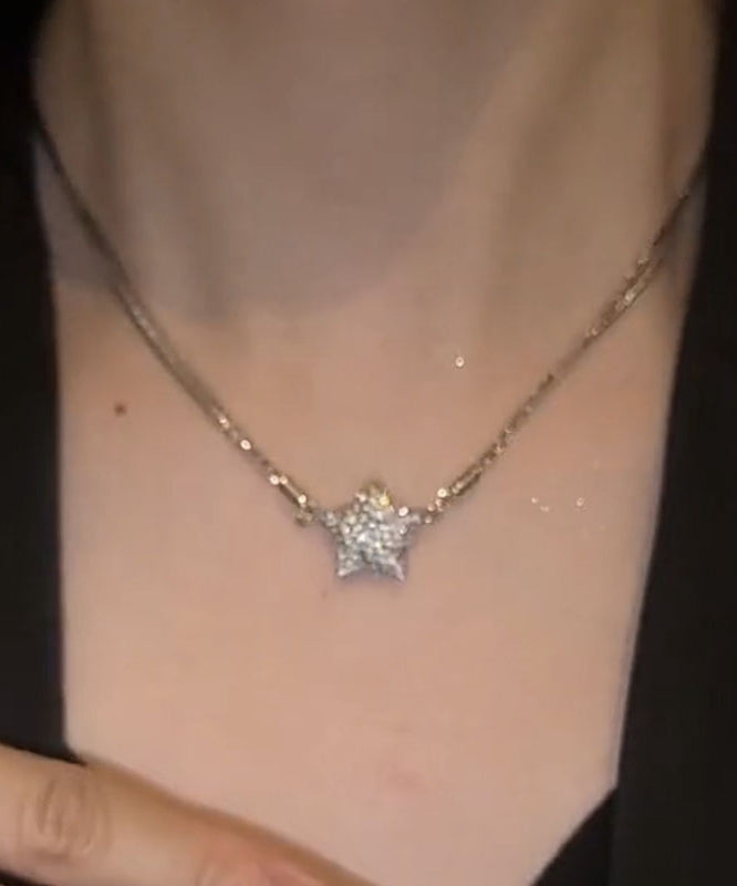Silk Sterling Silver Zircon Five-pointed Star Pendant Necklace