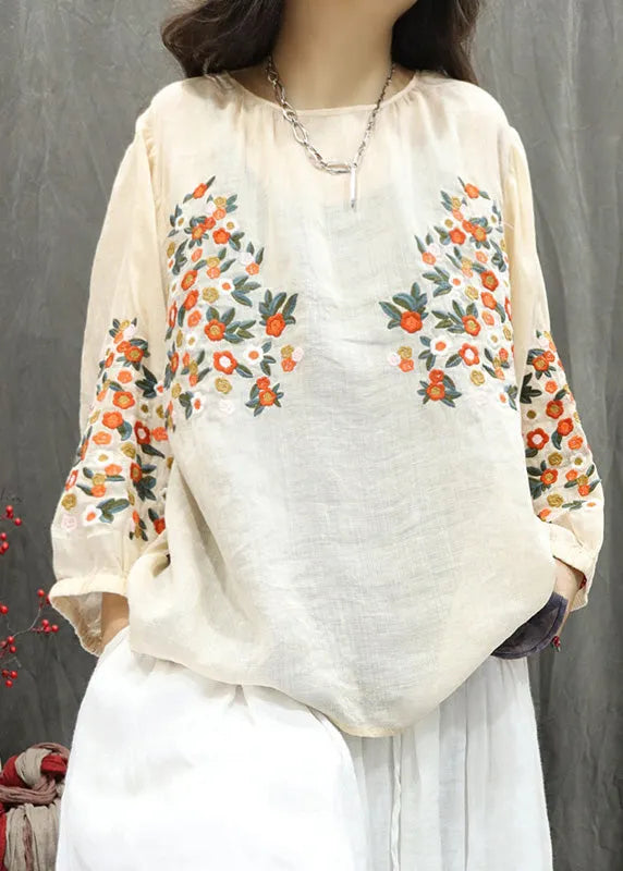Beige O-neck Embroidered Linen Shirt Top Fall