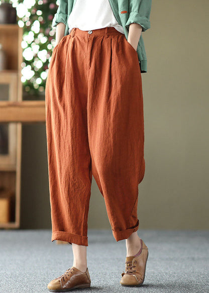 Orange High Waist Pockets Original Design Linen Harem Pants Summer