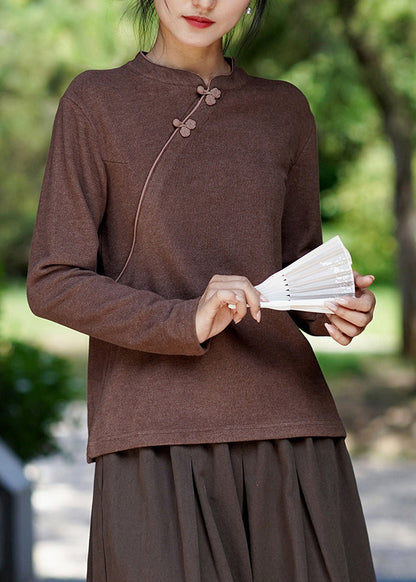 Coffee Stand Collar Oriental Button Cotton Tops Spring