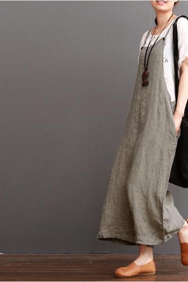 Cotton Linen Sen Department Causel Loose Overalls Big Pocket Maxi Size Trousers Outfits