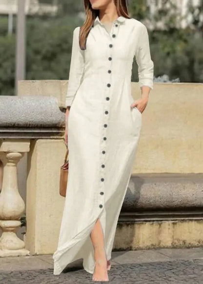 Natural Black Peter Pan Collar Button Long Shirts Dress Fall