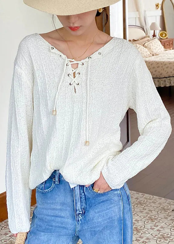 Beige Lace Up Thin Knit Top Spring