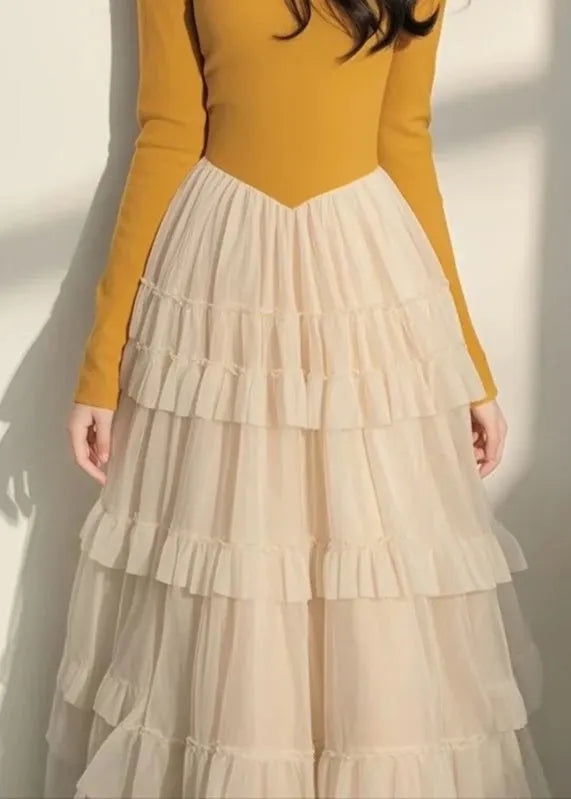 Italian Yellow Square Collar Tulle Patchwork Long Dress Spring