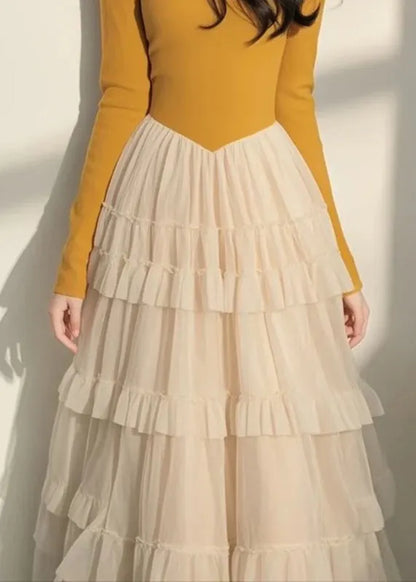 Italian Yellow Square Collar Tulle Patchwork Long Dress Spring