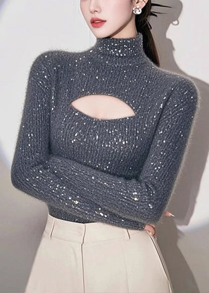 Grey Hign Neck Hollow Out Knit Sweater Spring