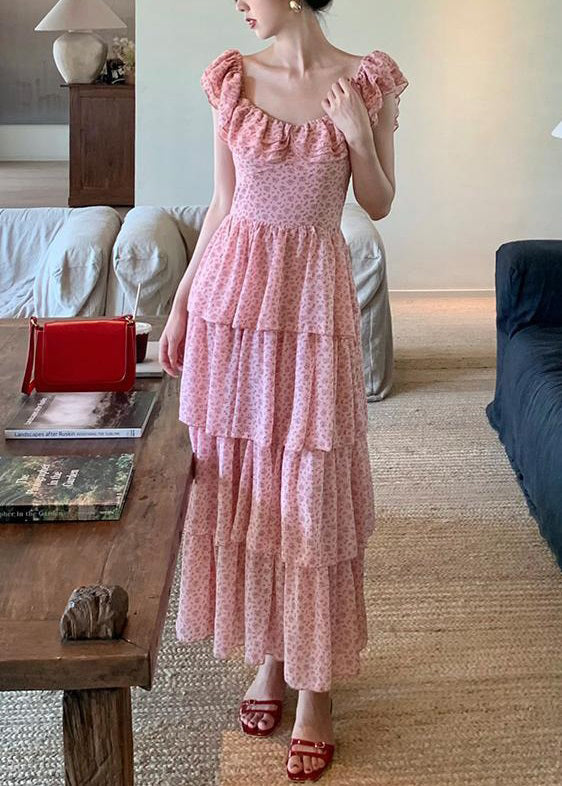 Pink Ruffled Print Chiffon Long Dress Summer