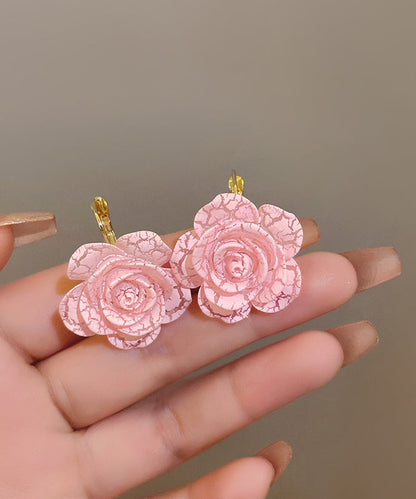Pink Sterling Silver Alloy Rose Resin Hoop Earrings