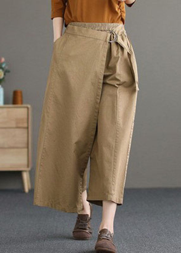 Khaki Cotton Wide Leg Pants Elastic Waist Asymmetrical Summer