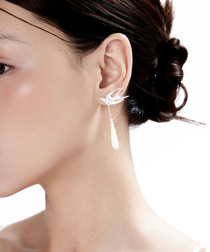 Boutique Silver Little Bird Water Droplet Silver Drop Earrings