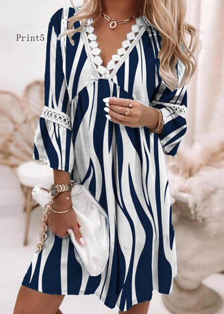 V Neck Print Patchwork Cotton Mid Dresses Summer