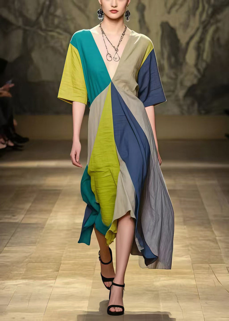 Multicolour Patchwork Cotton Dress Asymmetrical Exra Large Hem Summer