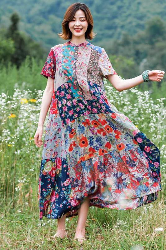 Print Splicing Short Sleeve 100% Cotton Dress