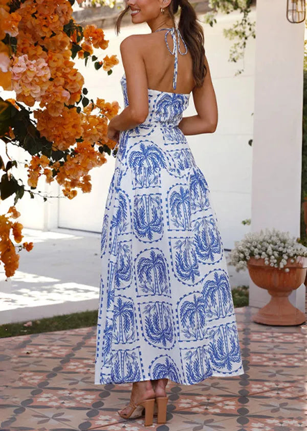 Stylish Blue Print Backless Lace Up Cotton Holiday Dress Summer