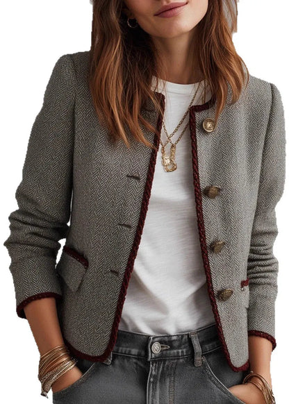 Grey O Neck Button Cotton Short Coat Fall