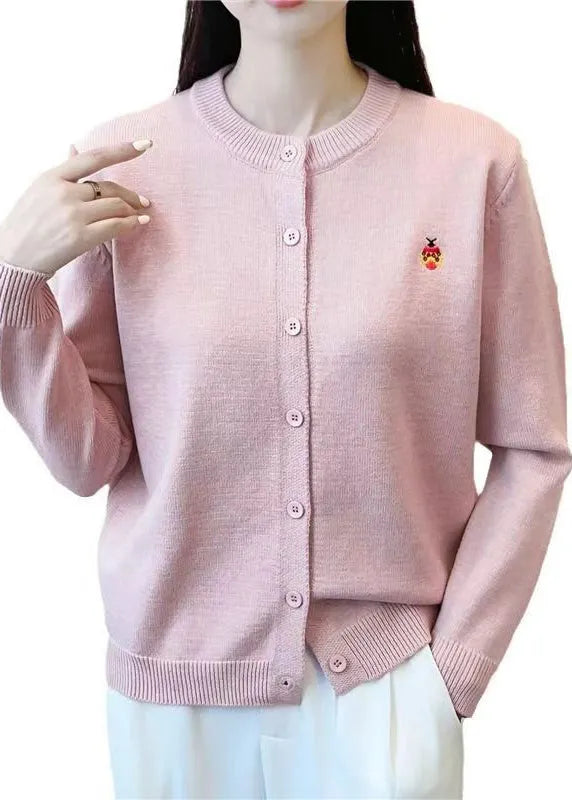 Simple Pink O-neck Print Button Knit Cardigan Fall