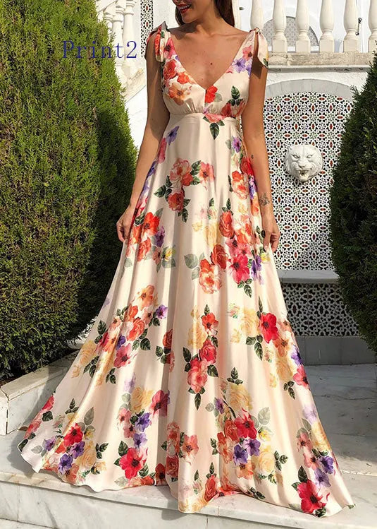 European and American Backless Print Dress Large Swing Sleeveless Design