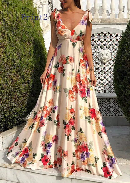 European and American Backless Print Dress Large Swing Sleeveless Design