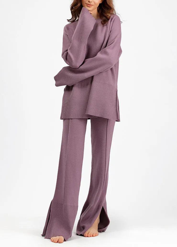 Purple O Neck Side Open Knit Two Pieces Set Flare Sleeve
