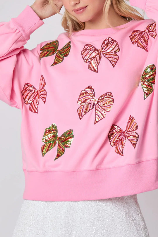 Christmas Bow Sequin Loose Casual Long-Sleeve Sweatshirt