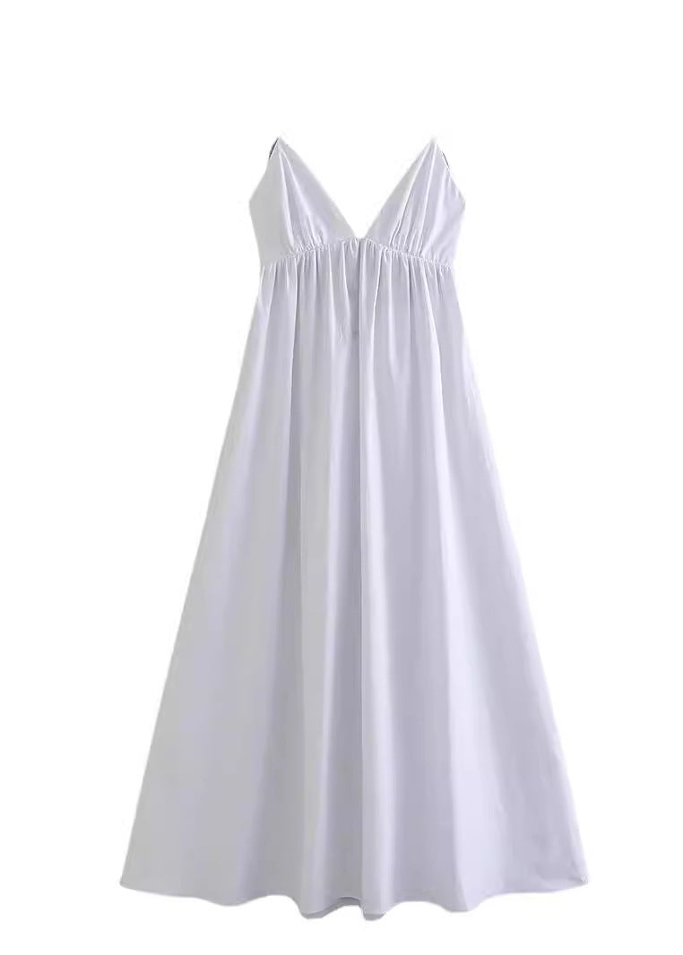 White Backless Cotton Spaghetti Strap Dress Summer