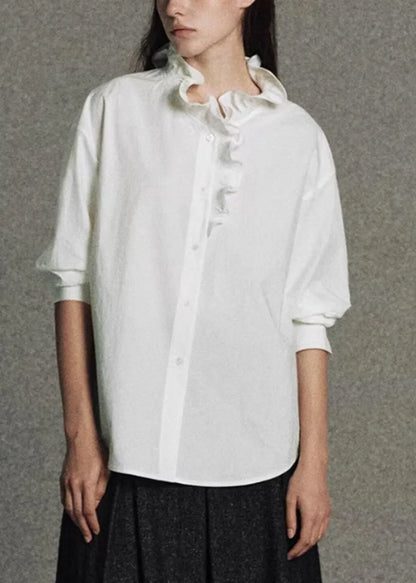 White Ruffled Cotton Shirt Top Spring