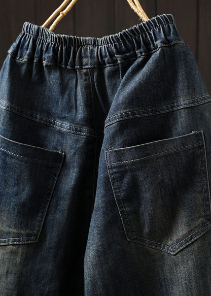Blue Pockets Elastic Waist Patchwork Denim Harem Pants Spring