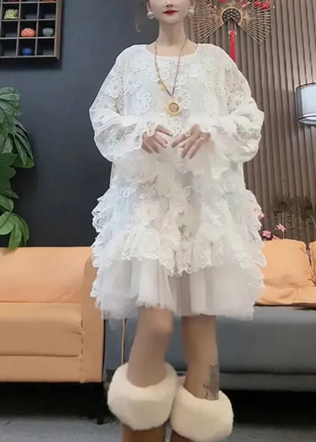 Style White O Neck Tulle Patchwork Lace Dresses Spring