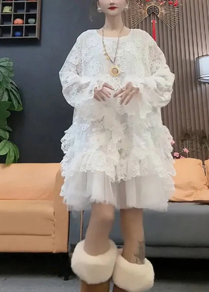 Style White O Neck Tulle Patchwork Lace Dresses Spring