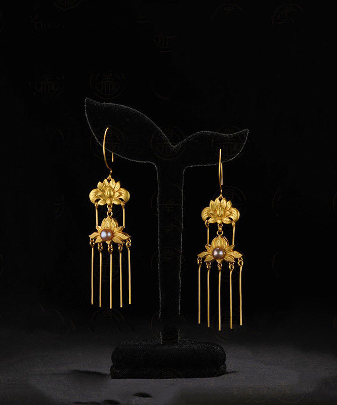 Gold Sterling Silver Overgild Pearl Tassel Drop Earrings