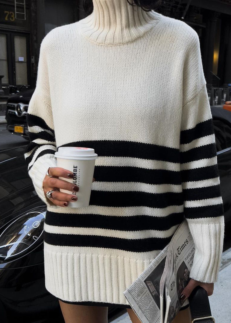 French White Hign Neck Striped Knitwear Sweaters Dress Spring