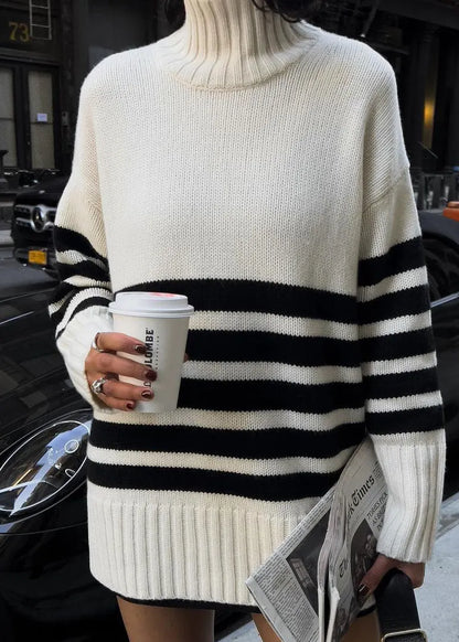 French White Hign Neck Striped Knitwear Sweaters Dress Spring