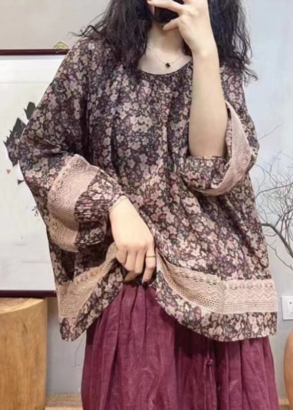 Red O-neck Print Hollow Out Patchwork Tops Lantern Sleeve